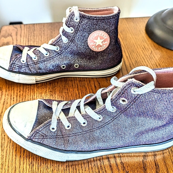 Juniors Converse All Star Purple Pink Metallic High Top Sneakers - Picture 3 of 7